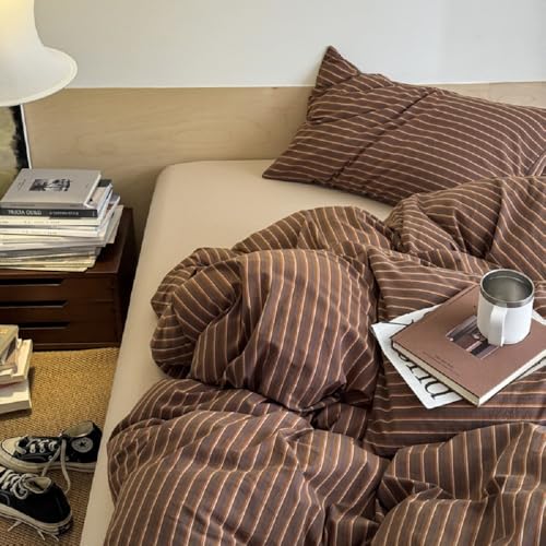 Erwinmu Duvet Cover Set Queen Size Brown Striped Bedding Set for Girls Boys,Modern Back to School Duvet Cover Kids with Zipper Closure and 2 Pillowcases - Image 1