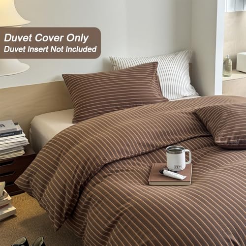 Erwinmu Duvet Cover Set Queen Size Brown Striped Bedding Set for Girls Boys,Modern Back to School Duvet Cover Kids with Zipper Closure and 2 Pillowcases - Image 5