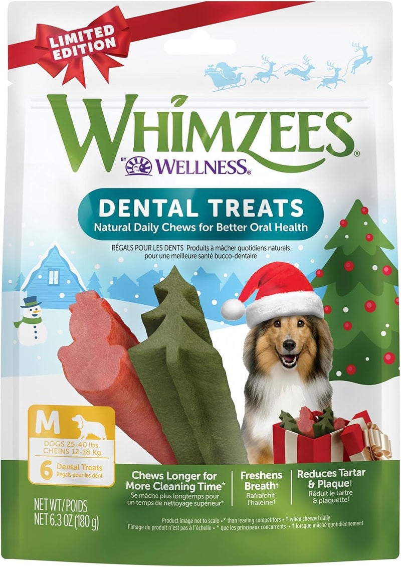 WHIMZEES Wellness Holiday Dog Dental Treats, Natural Chews, for Dogs, Size Medium Stick, (6 Count) - Image 1