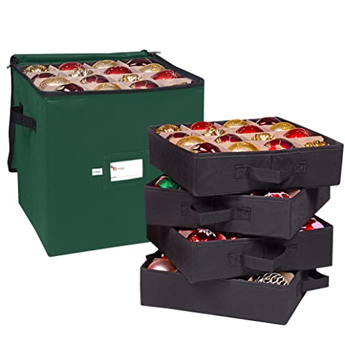 Primode Christmas Ornament Storage Box, 4 Individual Trays Xmas Storage Container, Fits 64 Ornaments Decoration Balls, Constructed of Durable 600D Oxford Material (Green) - Image 1