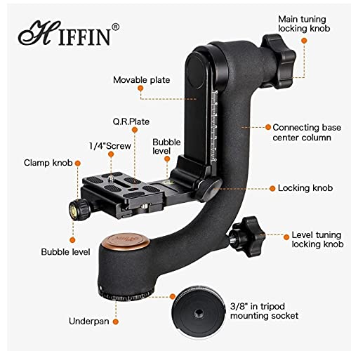 HIFFIN® Professional Heavy Duty Metal 360 Degree Panoramic Gimbal Tripod Head with Arca-Swiss Standard 1/4'' Quick Release Plate and Bubble Level for Digital - Image 2