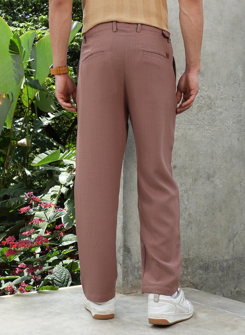 Campus Sutra Campus Sutra Men's Mousse Brown Linen-Blend Cigarette Trousers For Casual Wear | Mid-Rise | Regular Fit Fit | Button Closure | Trousers Crafted With Comfort Fit For Everyday Wear - Image 5