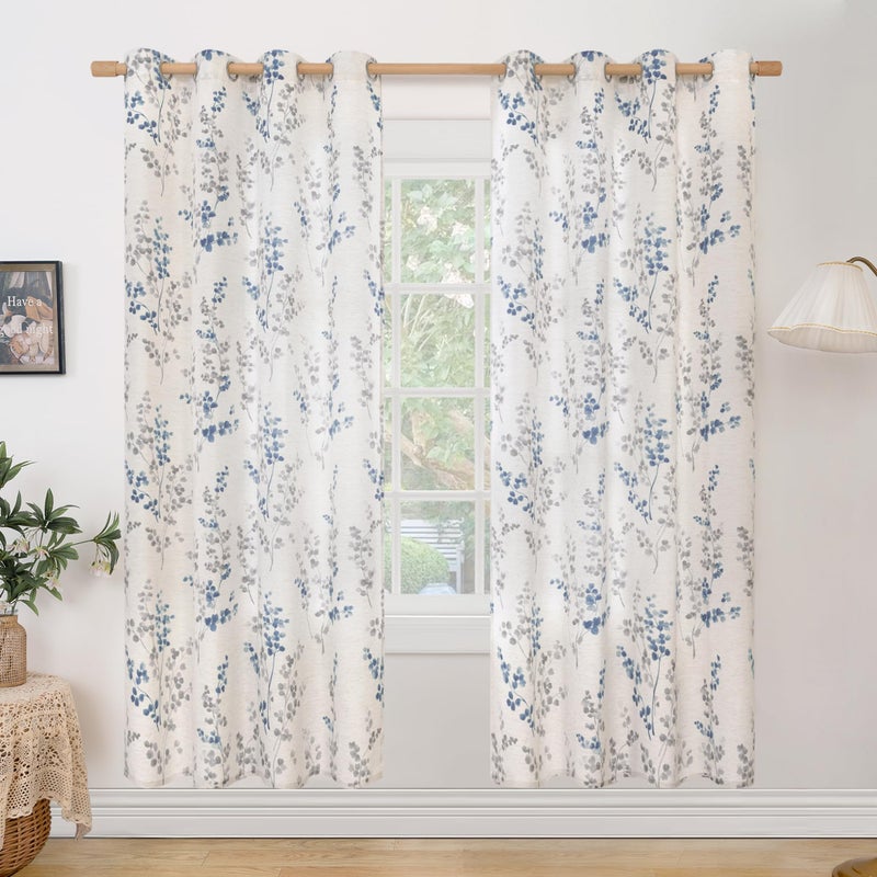 BGment Linen Curtains for Living Room 72 Inch Length 2 Panels, Floral Leaf Patterns, Light Filtering Window Privacy Boho Curtains for Vintage Farmhouse Dining Room, Each 52 Inch Wide, Navy - Image 1