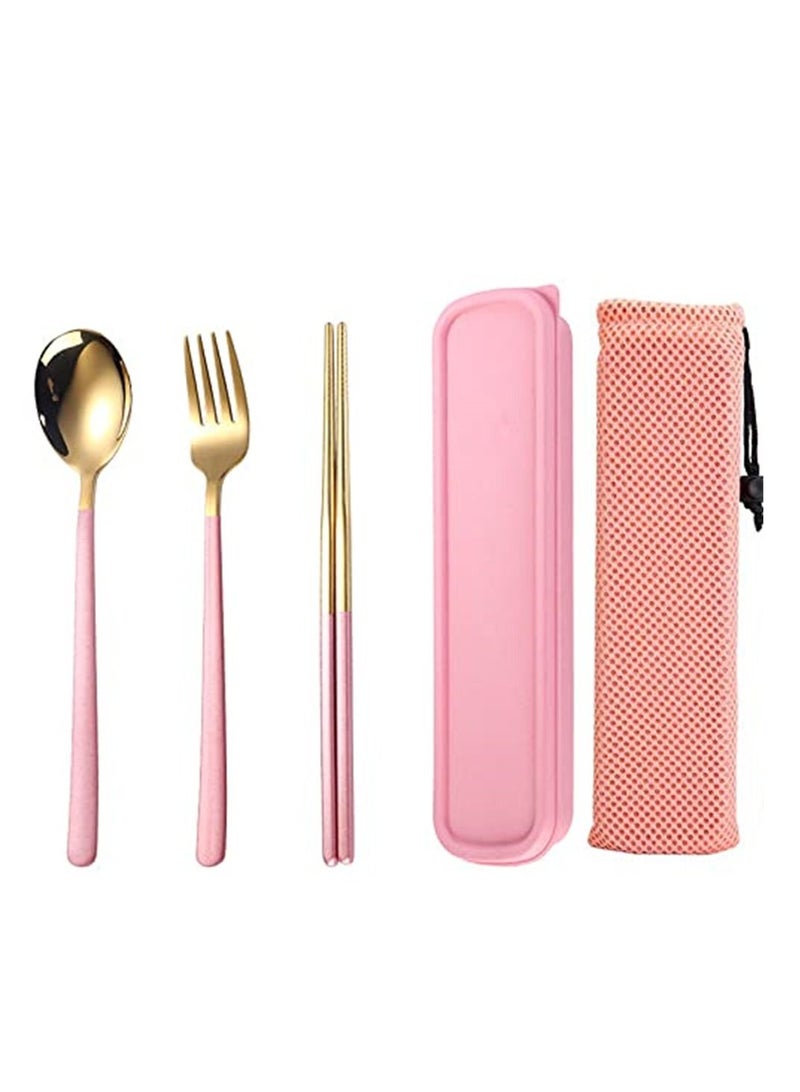 NIBEMINENT Travel Cutlery Set, Stainless Steel Set Portable Camp Reusable Flatware Pinkware,Include Fork Spoon Chopsticks with Case for Hiking Traveling Camping or School Lunch - Image 1