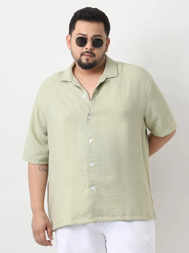Urbano Plus Men's Pastel Olive Cotton Half Sleeve Oversized Fit Textured Shirt with Cuban Collar