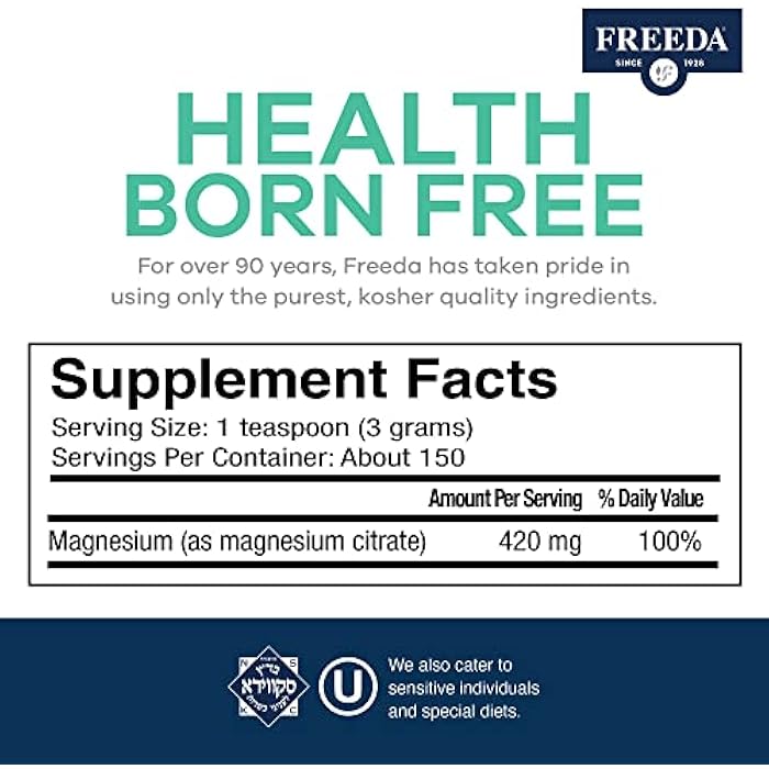 Freeda Magnesium Citrate Powder (420mg Elemental Magnesium) – Unflavored & Corn-Free – Pure Powder for Muscle, Nerve & Bone Health – Made in USA, 16 oz (150 Servings) - Image 3