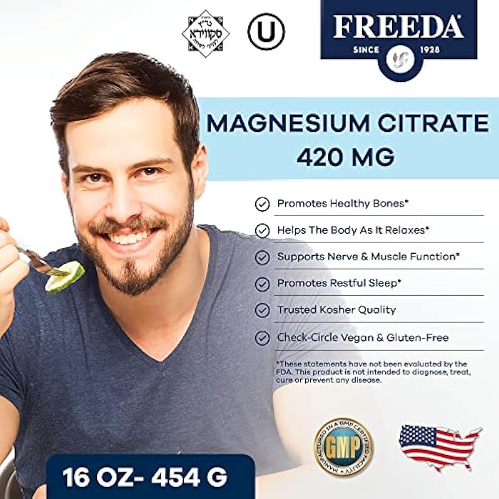 Freeda Magnesium Citrate Powder (420mg Elemental Magnesium) – Unflavored & Corn-Free – Pure Powder for Muscle, Nerve & Bone Health – Made in USA, 16 oz (150 Servings) - Image 2