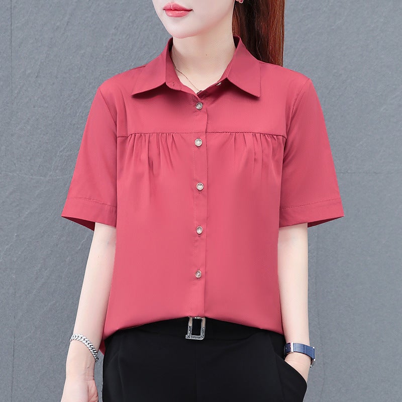 2024 Lapel Short-Sleeved Polyester Cotton Shirt Women'S Middle-Aged Mother'S Single-Breasted Cardigan Pleated Shirt - Image 5