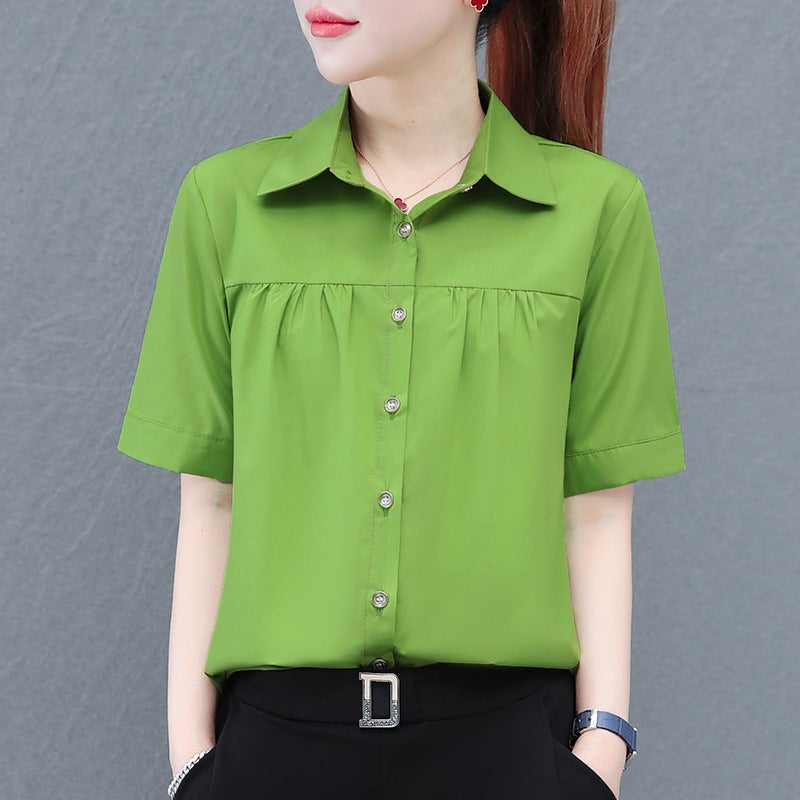 2024 Lapel Short-Sleeved Polyester Cotton Shirt Women'S Middle-Aged Mother'S Single-Breasted Cardigan Pleated Shirt - Image 1