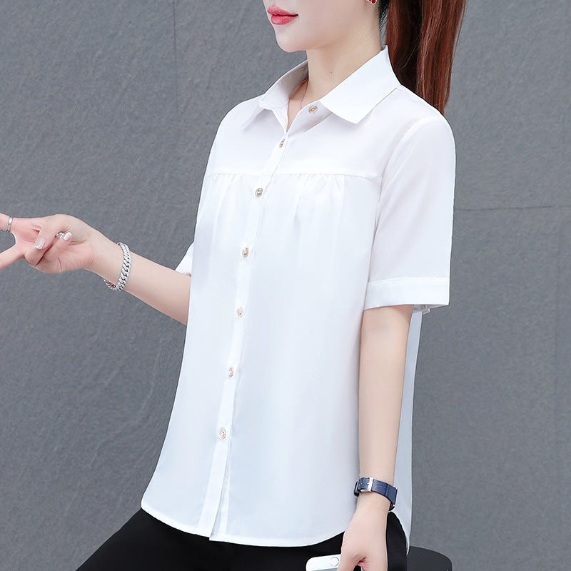 2024 Lapel Short-Sleeved Polyester Cotton Shirt Women'S Middle-Aged Mother'S Single-Breasted Cardigan Pleated Shirt - Image 3