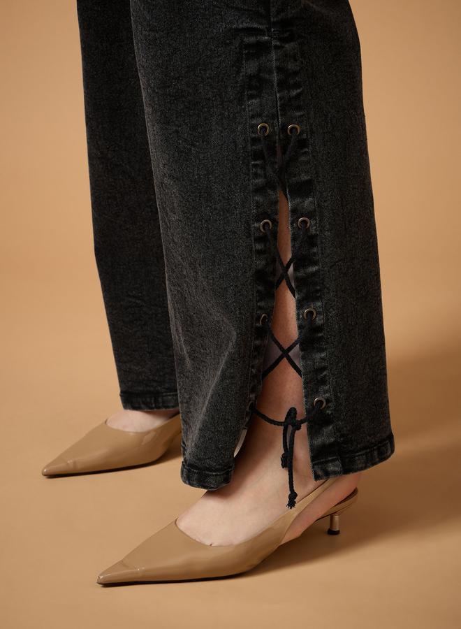 SASSAFRAS Plus Size Mid Rise Side Knot Straight Fit Jeans - Image 5