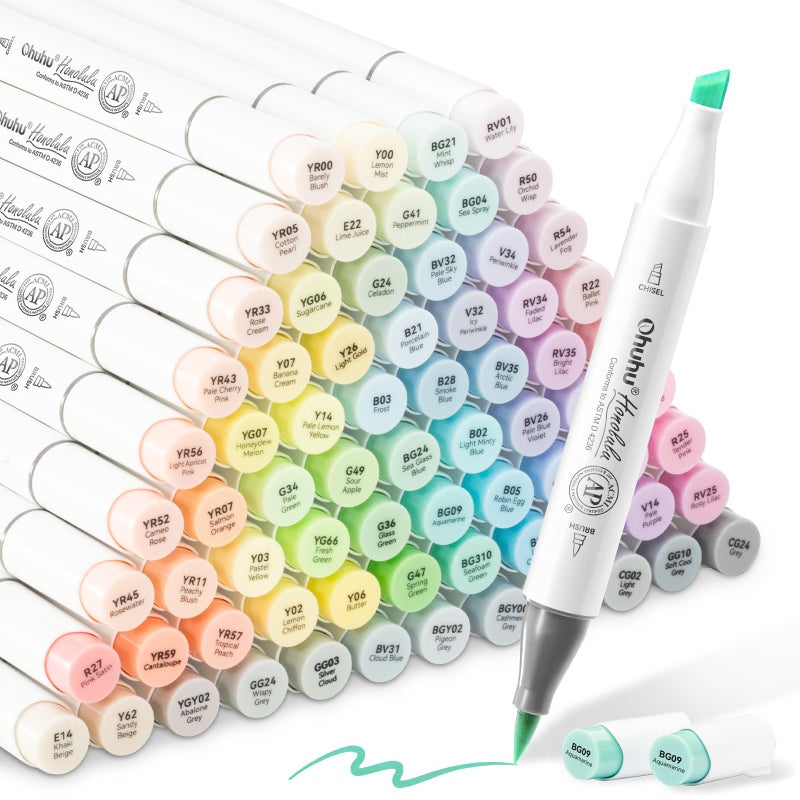 Ohuhu Pastel Markers Alcohol Based -96 Pastel Colors of Honolulu Sweetness + Blossoming - Double Tipped Art Alcohol Markers for Artist Adults' Coloring Illustration - Brush & Chisel - Refillable Ink - Image 1