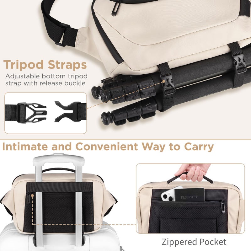 TAAOKA Camera Sling Bag,Waterproof Camera Case with Tripod Holder,Lightweight DSLR/SLR/Mirrorless Camera Bags Crossbody for photographers-Beige - Image 4