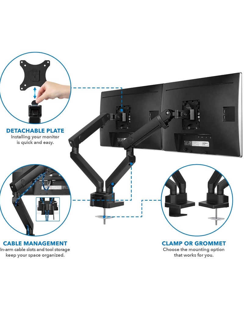ELTRAZONE Dual Monitor Arm Mount Desk Stand | Premium Quality | Articulating Mechanical Spring Height Adjustable | Fits Two 24 27 29 30 32 Inch VESA 75 100 Compatible Screens | C-Clamp and Grommet - Image 3