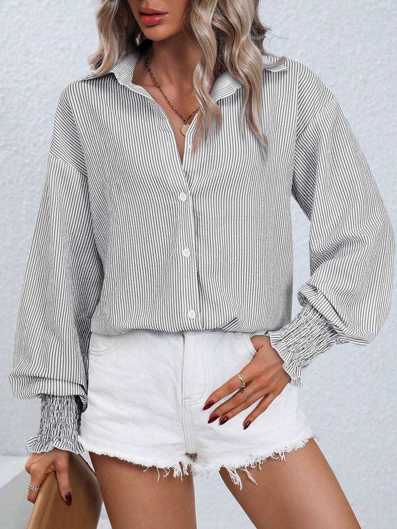 Gleeivy Womens Button Down Shirt Mid Length Smocked Oversized Boyfriend Blouse Loose fit Tunic Dressy Casual Collared Shirt Button Up High Low Hem Tops Puff Long Sleeve Y2k Business Casual Fall Clothes - Image 3