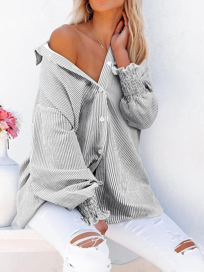 Gleeivy Womens Button Down Shirt Mid Length Smocked Oversized Boyfriend Blouse Loose fit Tunic Dressy Casual Collared Shirt Button Up High Low Hem Tops Puff Long Sleeve Y2k Business Casual Fall Clothes - Image 4