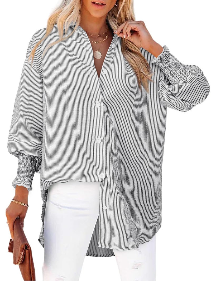 Gleeivy Womens Button Down Shirt Mid Length Smocked Oversized Boyfriend Blouse Loose fit Tunic Dressy Casual Collared Shirt Button Up High Low Hem Tops Puff Long Sleeve Y2k Business Casual Fall Clothes - Image 1