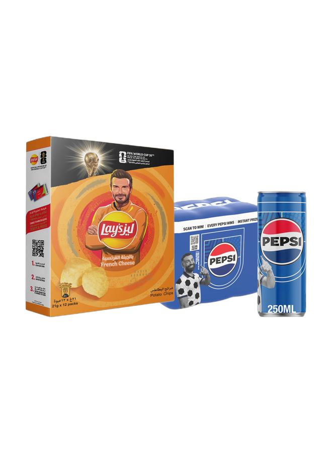 Pepsi Lays French Cheese 21grams Pack of 12 + Pepsi Carbonated Soft Drink Cans 330ml Pack of 6