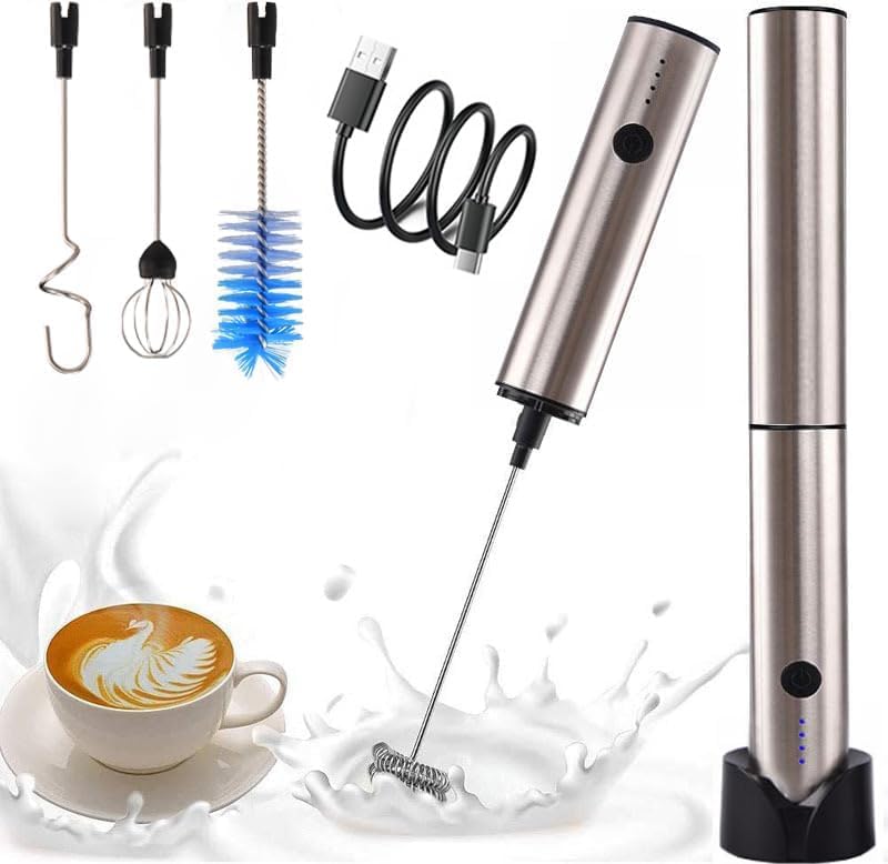 MITCMOLARD Milk Frother Handheld, USB Rechargeable 3 Whisk with Sleeve, Charging Base | 800mAh Electric Coffee Mixer with Stainless Steel Whisk, 3 Speed Coffee Blender with Bursh for Latte, Cappuccino, Macchiato - Image 1