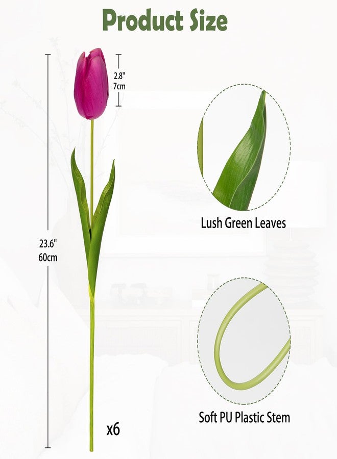 Arborus 6PCS 23" Fake Tulip Flowers Artificial Fuchsia Tulips Long Stem Faux Flower, Silk Flower Décor for Floral Arrangement Home Farmhouse Wedding Decoration - Image 2