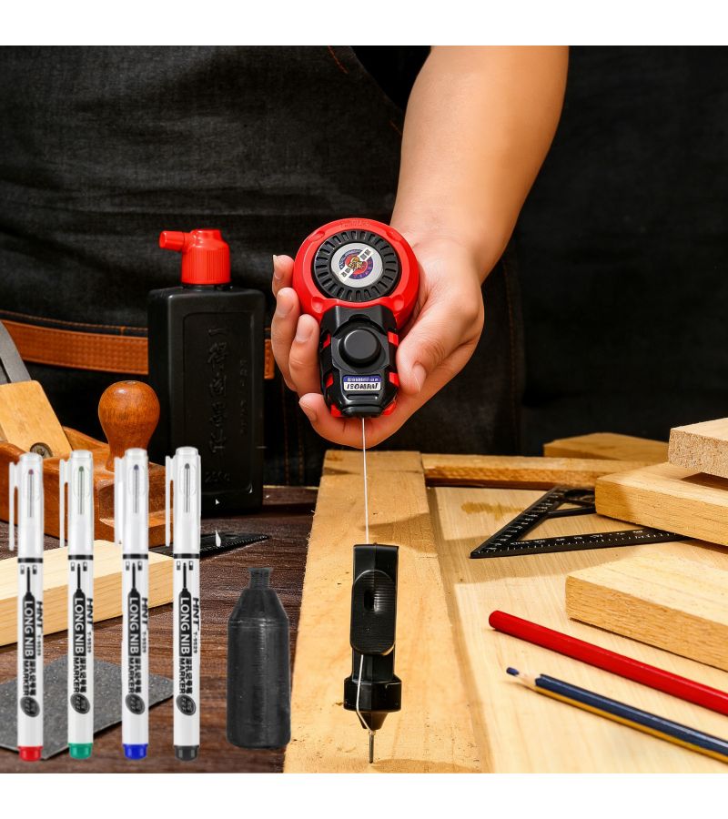 1 Black Marker With 2 Bottles Of 1.69oz Ink Chalk Line Reel Multi Functional High Precision Measuring Tool For Carpentry Construction Plumbing Projects Home Improvement Portable Durable Carpenter Layout Marking Tool Set Type B - Image 2