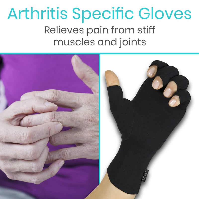 Vive Rheumatoid Arthritis Gloves - Men and Women Fingerless Compression Wrap for Hand Pain and Osteoarthritis - Black Hand Wrap for Arthritic Joint Symptom Relief - Open Finger Fit (X-Small) - Image 2
