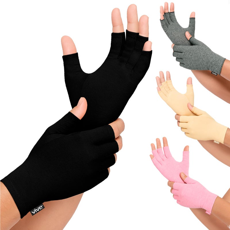 Vive Rheumatoid Arthritis Gloves - Men and Women Fingerless Compression Wrap for Hand Pain and Osteoarthritis - Black Hand Wrap for Arthritic Joint Symptom Relief - Open Finger Fit (X-Small) - Image 1