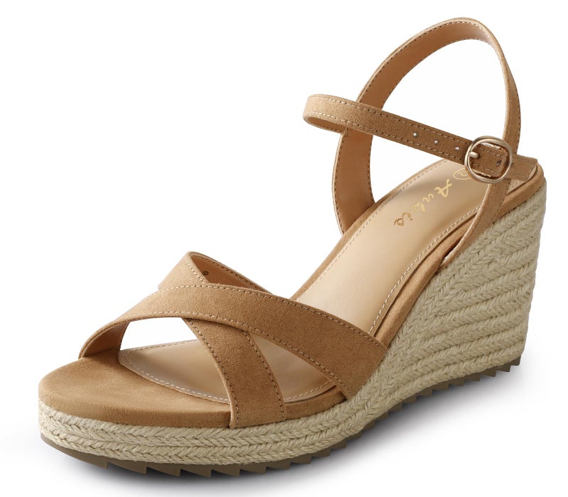 Ankis Wedge Sandals for Women, Brown Espadrille Womens Wedge Sandals Comfortable Open Toe Ankle Strap High Heel Wedges for Women Dressy Summer -3.4Inch - Image 1