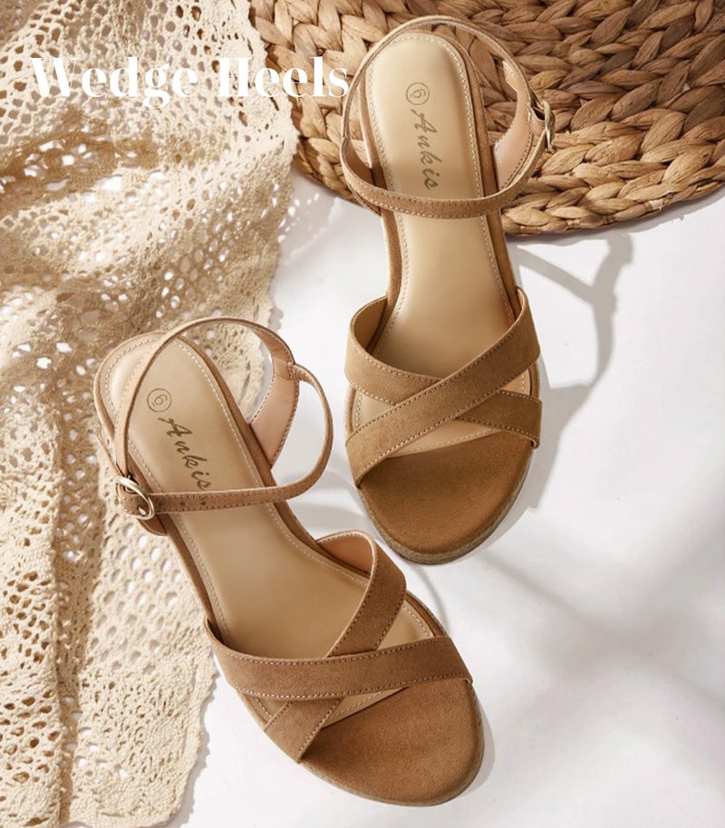 Ankis Wedge Sandals for Women, Brown Espadrille Womens Wedge Sandals Comfortable Open Toe Ankle Strap High Heel Wedges for Women Dressy Summer -3.4Inch - Image 3