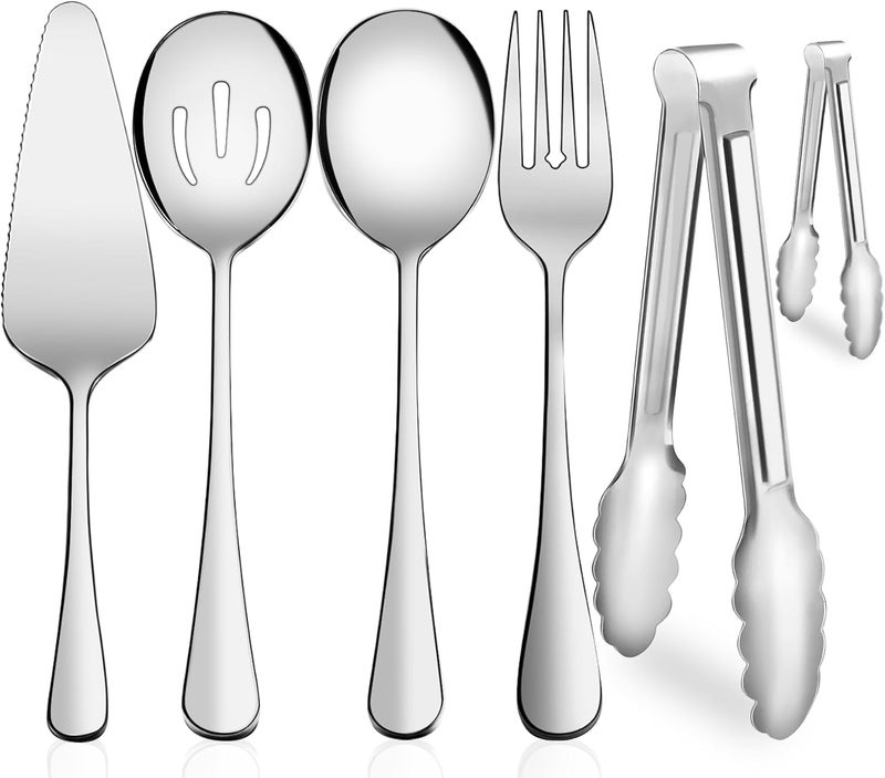XEVOM Serving Utensils, 6-Piece Stainless Steel Serving Utensil Set Include Serving Spoon, Slotted Serving Spoon, Serving Fork,Serving Tong, Appetizers Tong,Pie Server (Silver), Regular - Image 1