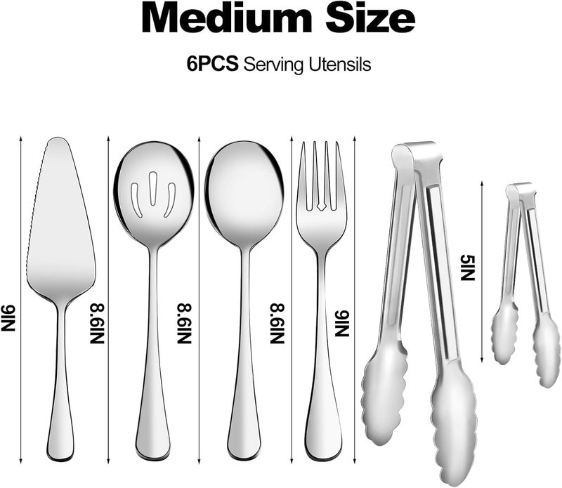 XEVOM Serving Utensils, 6-Piece Stainless Steel Serving Utensil Set Include Serving Spoon, Slotted Serving Spoon, Serving Fork,Serving Tong, Appetizers Tong,Pie Server (Silver), Regular - Image 2