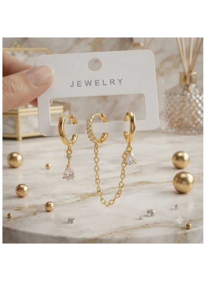 3-Piece Gold-Tone Hoop Earring Set with Teardrop Zirconia Charms and Chain Detail