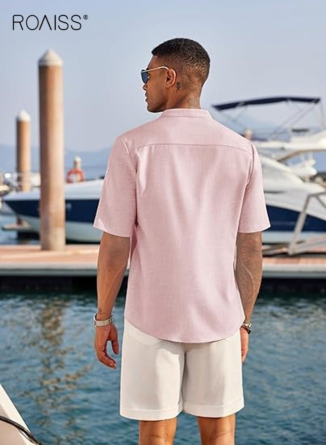 roaiss Men's Slim-Fit Short Sleeve Shirt Modern Stand Collar Buttons Solid Color Top Breathable Stretch Fabric Pink Polo Shirt - Image 4