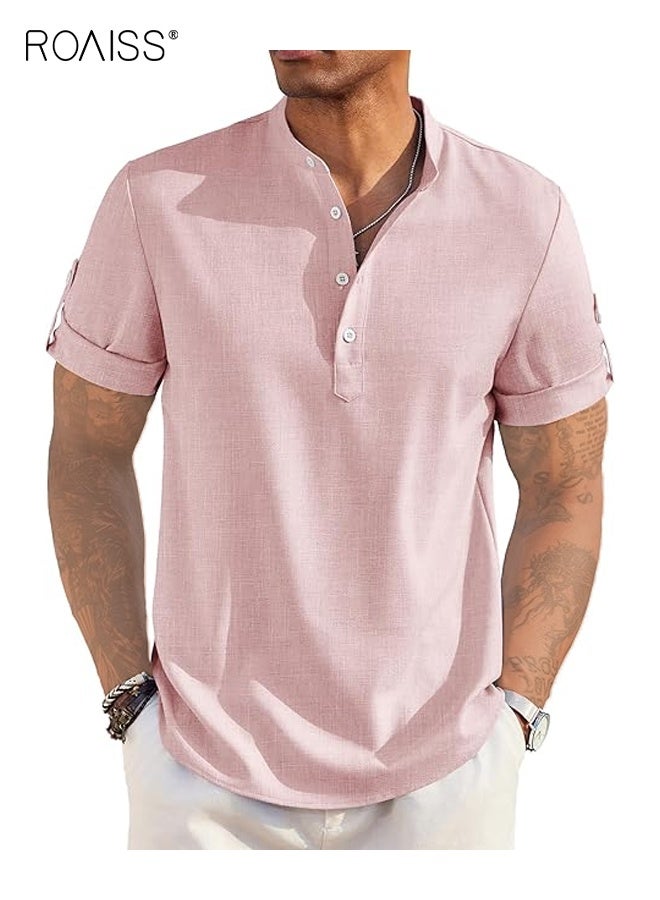 roaiss Men's Slim-Fit Short Sleeve Shirt Modern Stand Collar Buttons Solid Color Top Breathable Stretch Fabric Pink Polo Shirt - Image 1