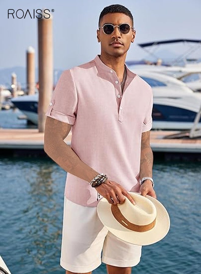 roaiss Men's Slim-Fit Short Sleeve Shirt Modern Stand Collar Buttons Solid Color Top Breathable Stretch Fabric Pink Polo Shirt - Image 2