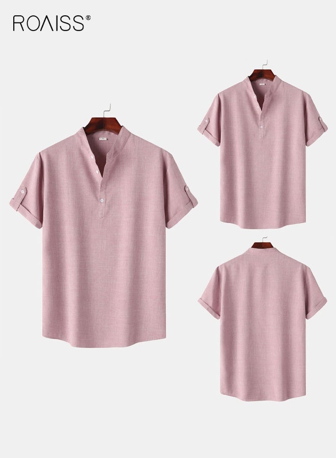 roaiss Men's Slim-Fit Short Sleeve Shirt Modern Stand Collar Buttons Solid Color Top Breathable Stretch Fabric Pink Polo Shirt - Image 5