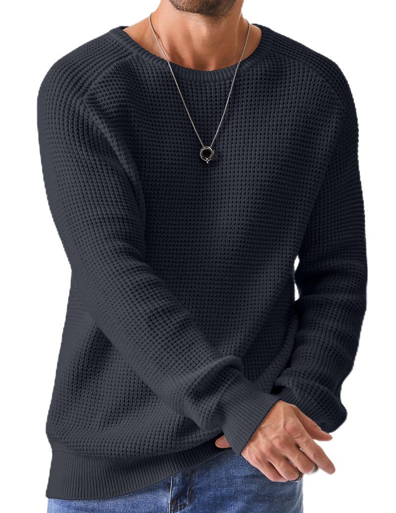 JMIERR Mens Crewneck Pullover Sweater Waffle Textured Knitted Sweaters Loose Fit Casual Essentials Sweaters with Ribbing Edge,L Dark Grey - Image 1