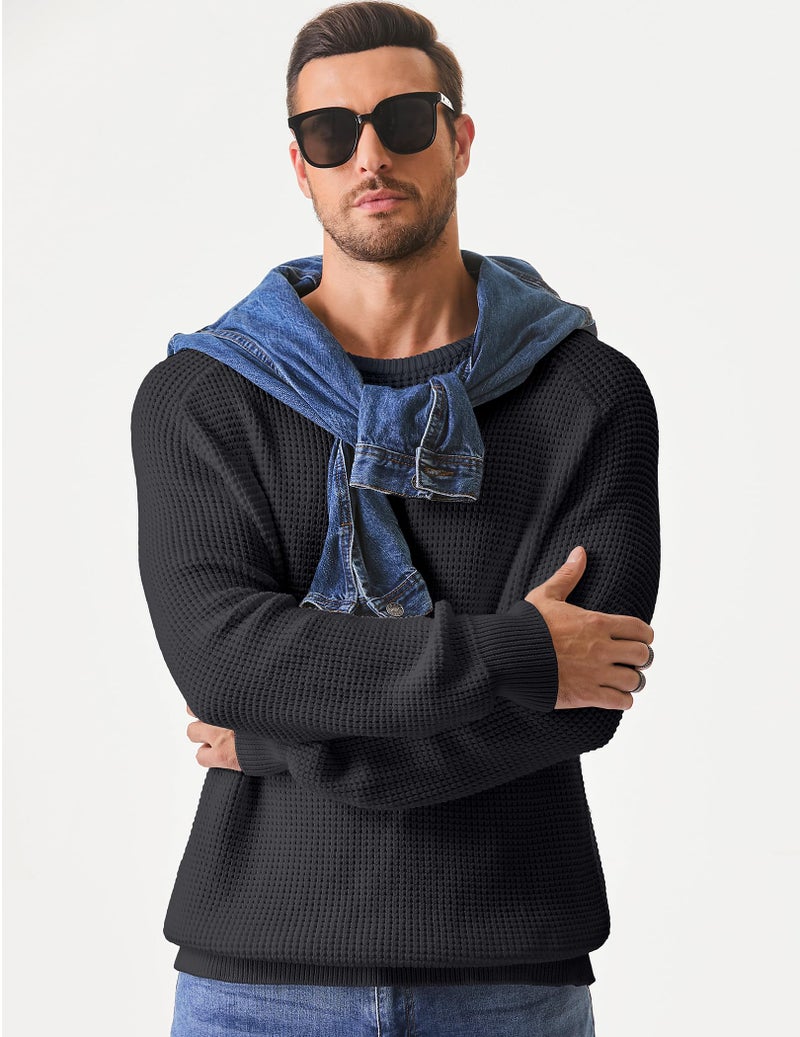 JMIERR Mens Crewneck Pullover Sweater Waffle Textured Knitted Sweaters Loose Fit Casual Essentials Sweaters with Ribbing Edge,L Dark Grey - Image 2