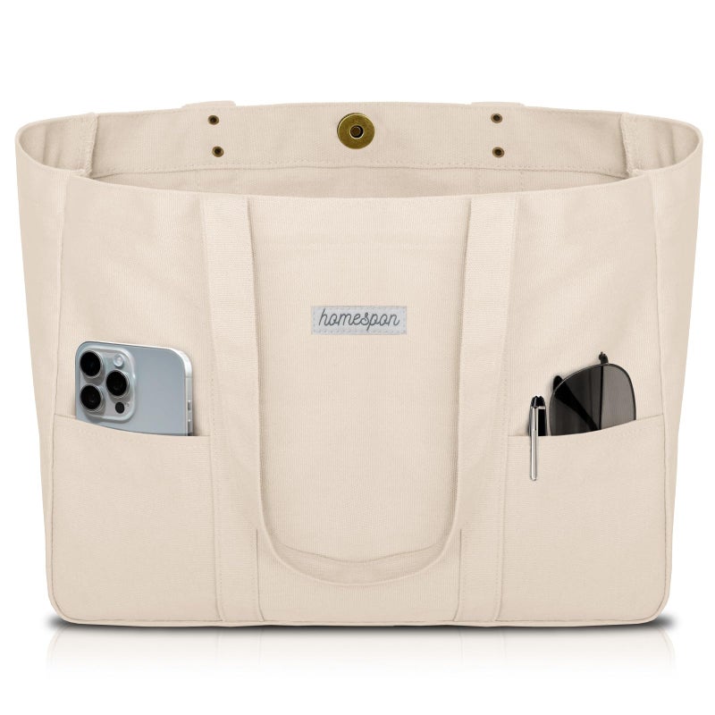 HOMESPON Large Canvas Tote Bag for Women Everything Bag with Pockets and Laptop Sleeve (Beige) - Image 1