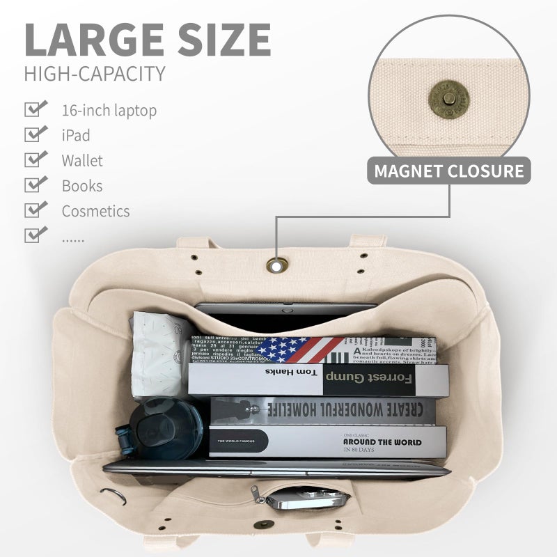 HOMESPON Large Canvas Tote Bag for Women Everything Bag with Pockets and Laptop Sleeve (Beige) - Image 5