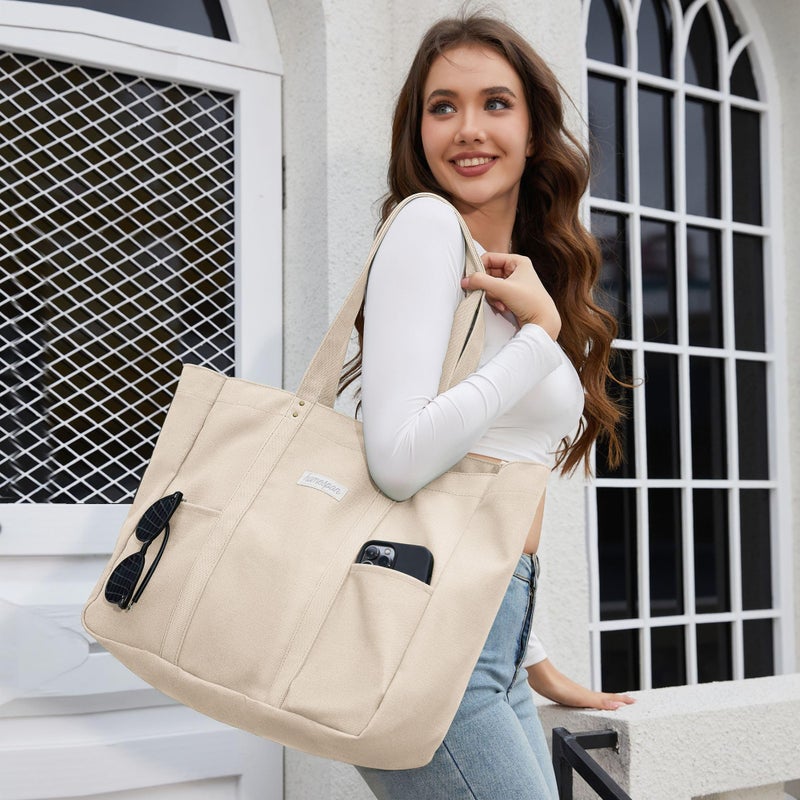 HOMESPON Large Canvas Tote Bag for Women Everything Bag with Pockets and Laptop Sleeve (Beige) - Image 2