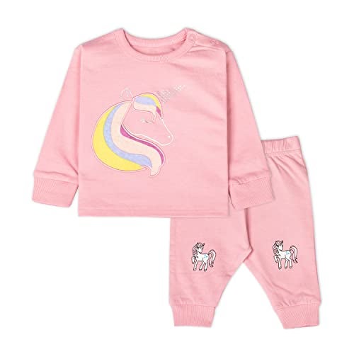 ARIEL Cotton Fleece Printed Clothing Sets For Boys & Girls - Unisex Winter Clothing Sets Full Sleeve T-Shirt & Pant, Pink, 18-24 Months - Image 1
