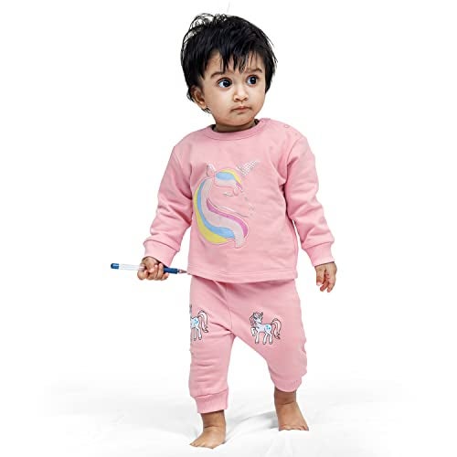 ARIEL Cotton Fleece Printed Clothing Sets For Boys & Girls - Unisex Winter Clothing Sets Full Sleeve T-Shirt & Pant, Pink, 18-24 Months - Image 3