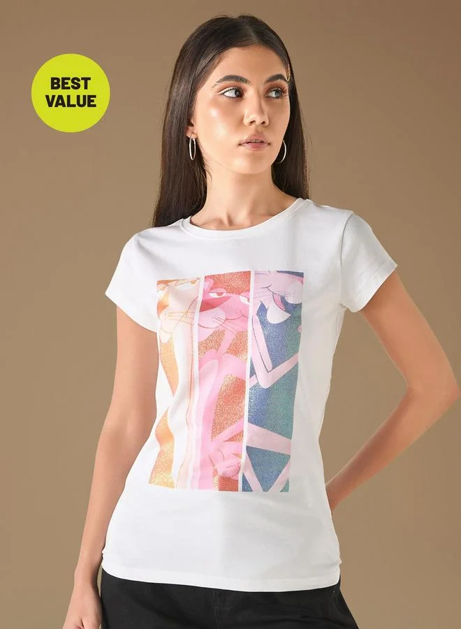 SP Characters Pink Panther Print T-shirt with Crew Neck and Short Sleeves