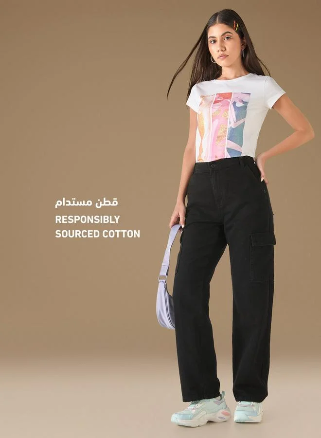 SP Characters Pink Panther Print T-shirt with Crew Neck and Short Sleeves