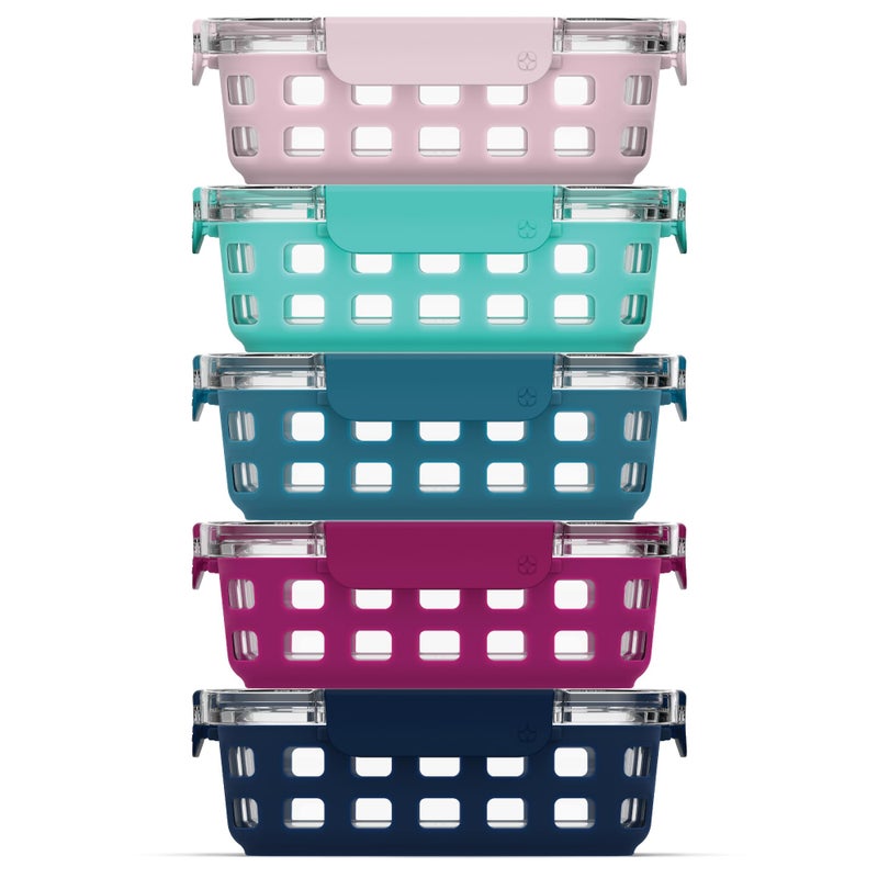 Ello Duraglass 3.4 Cup Meal Prep Sets 10Pc, 5 Pack Set- Glass Food Storage Container with Silicone Sleeve and Airtight BPA-Free Plastic Lids, Dishwasher, Microwave, and Freezer Safe, Evening Orchard - Image 1