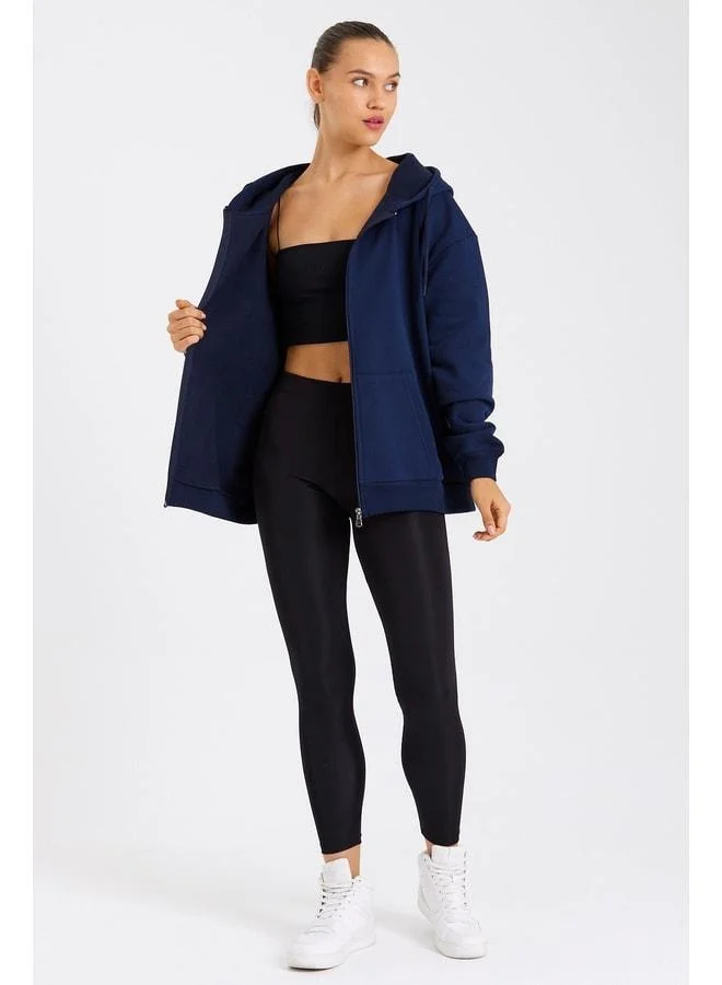 Mmetalic  Navy Oversized Women’s Hooded Sweatshirt with Kangaroo Pocket, Zipper, and Cotton Lining for Women | Best Price UAE