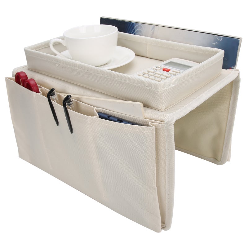 Sofa Armrest Organizer: Beige Oxford Cloth, 3 Divided Pockets, Sturdy Cup Holder Tray - Waterproof Wear Resistant Sofa Storage Bag for Home Office Dorm Bedroom Couch Recliner Chair - Image 2