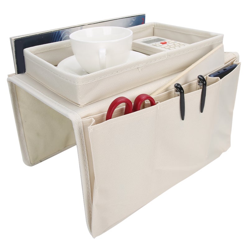 Sofa Armrest Organizer: Beige Oxford Cloth, 3 Divided Pockets, Sturdy Cup Holder Tray - Waterproof Wear Resistant Sofa Storage Bag for Home Office Dorm Bedroom Couch Recliner Chair - Image 5