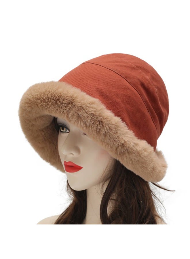ZLYC Women Winter Furry Bucket Hat Rolled Brim Faux Fur Cloche Hat with Fleece Lining, Solid Rust, One size - Image 2